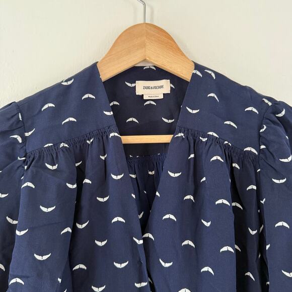 Zadig & Voltaire Womens Silk V-Neck Wing Print Long-Sleeved Blouse Top Small - Picture 7 of 11